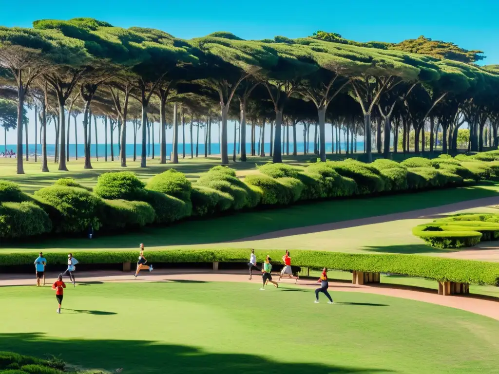 Vista panorámica de un parque en Montevideo, Uruguay, lleno de actividad y vida, reflejando el fuerte sistema sanitario en Uruguay