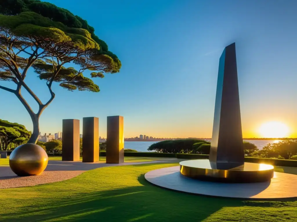 Vista panorámica del parque de esculturas de José Belloni en Montevideo, Uruguay, iluminada por la luz dorada del atardecer