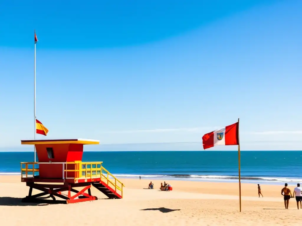 Vista panorámica de una playa uruguaya bulliciosa, con un vigilante en su torre de seguridad dando consejos de seguridad en playas de Uruguay