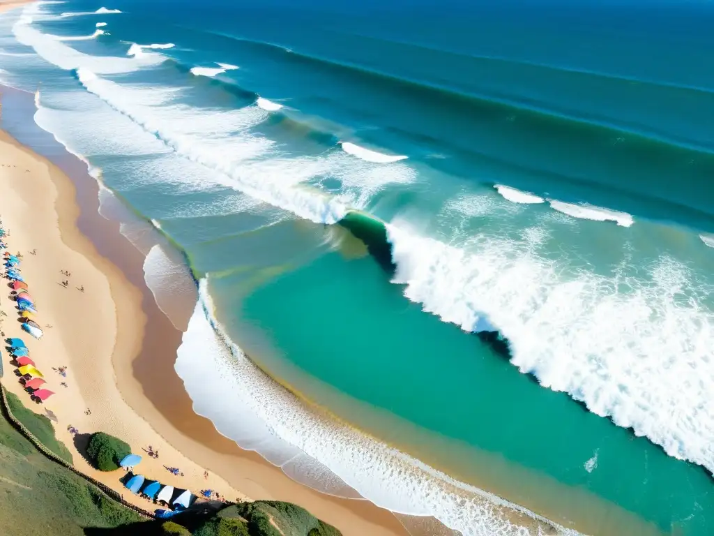 Vista panorámica de Punta del Diablo, uno de los mejores spots de surf en Uruguay, con surfistas, espectadores y un ambiente vibrante