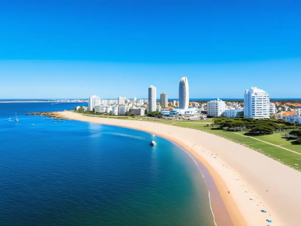 Vista panorámica de Punta del Este, uno de los mejores destinos familiares en Uruguay, bajo un cielo azul y un cálido atardecer