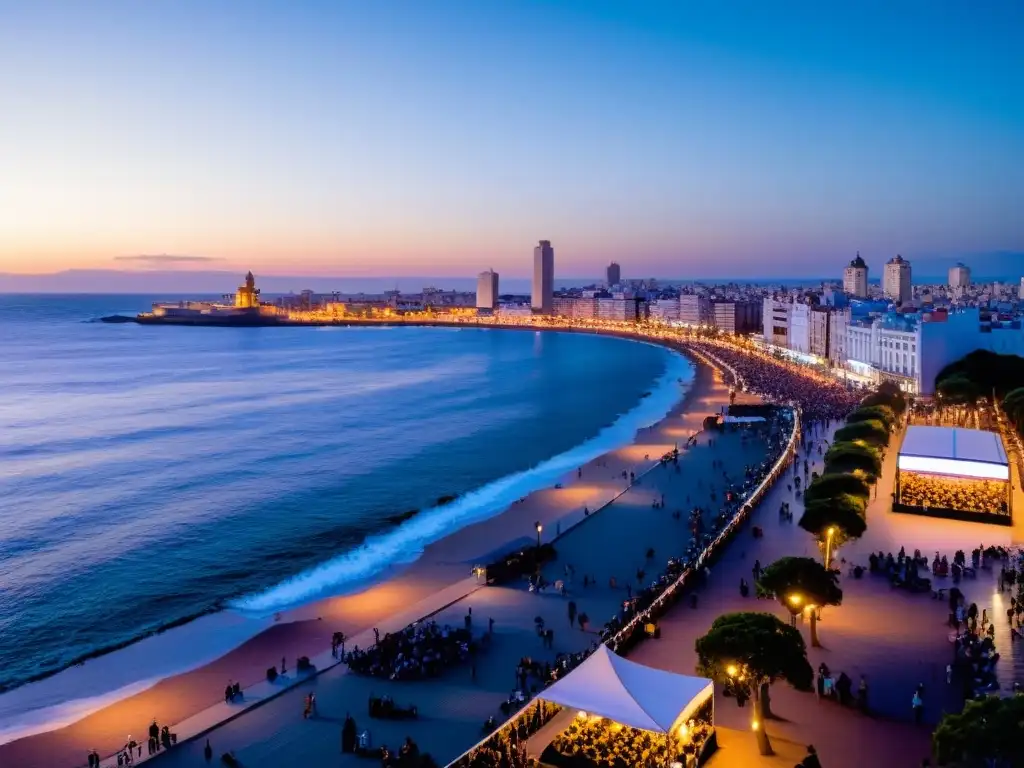 Vista panorámica de la Rambla de Montevideo al atardecer, llena de amantes de la música esperando ansiosos los Conciertos en la Rambla de Montevideo