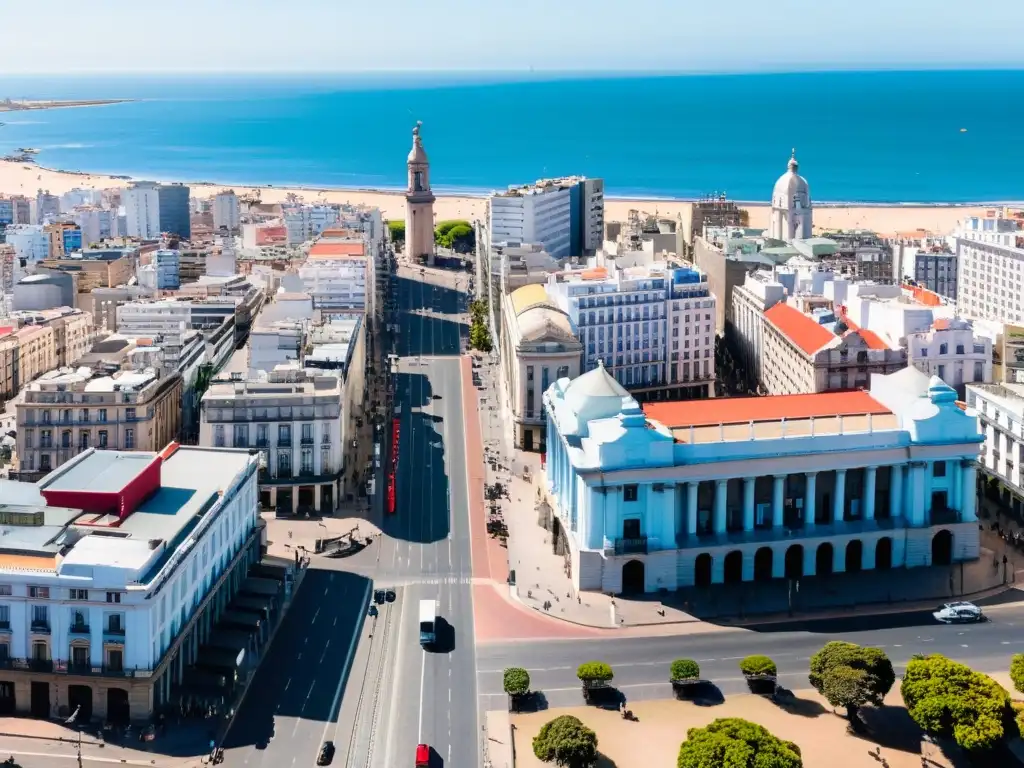 Vista panorámica de Montevideo, destacando la Rambla y las reglas de tráfico en Uruguay en acción, bajo un cielo azul claro