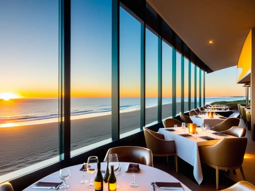 Vista panorámica de un restaurante de lujo en Uruguay junto a la costa al atardecer, reflejando la rica gastronomía local