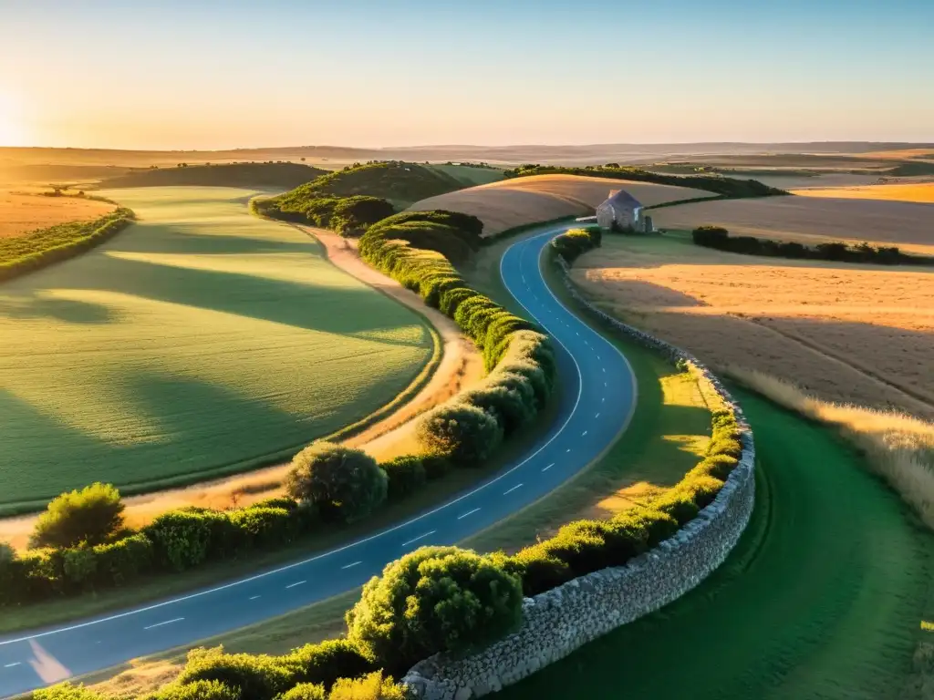 Vista panorámica de la Ruta de los Molinos en Uruguay, con molinos de piedra tradicionales y un sol poniente dorado