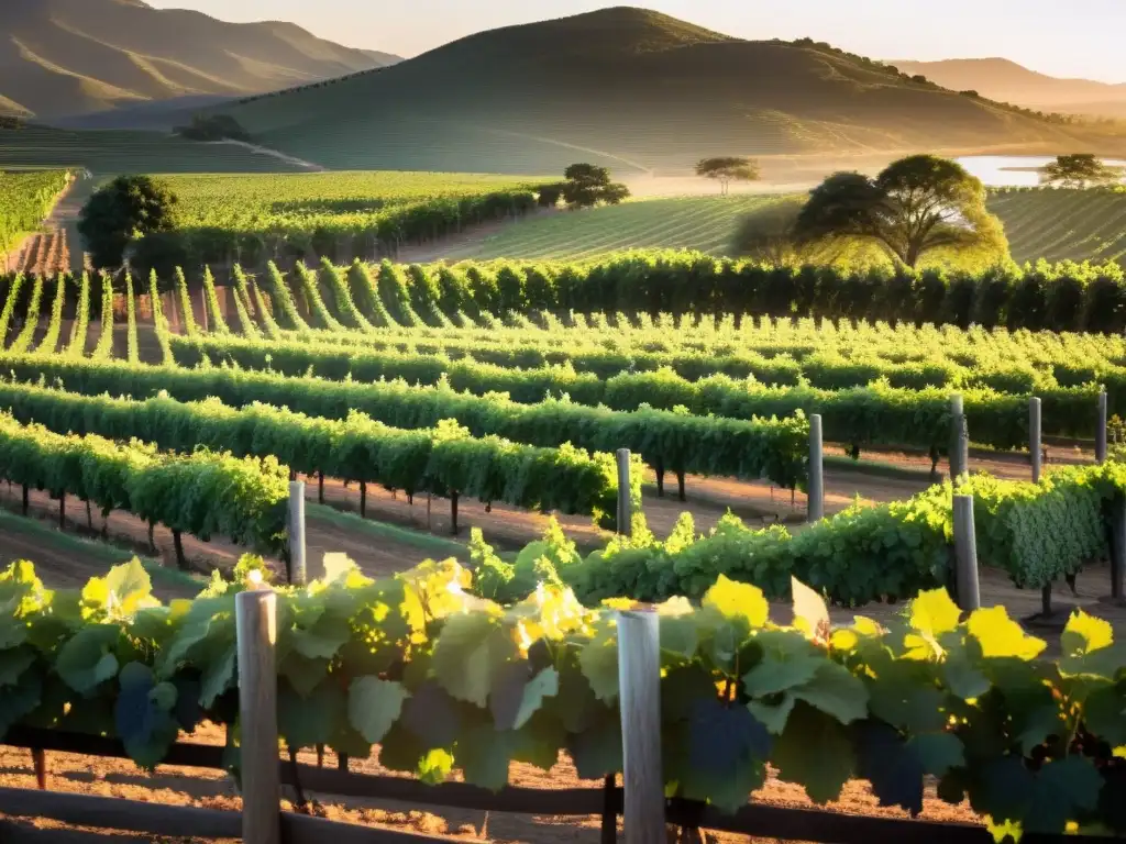 Vista panorámica de la Ruta del Vino en Uruguay, con viñedos frondosos al atardecer, una bodega rústica y una cata de vinos bajo el cielo coral