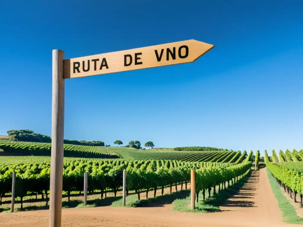 Vista panorámica de 'Ruta del Vino Uruguay belleza cultural', viñedos bajo el cielo azul, hacienda tradicional y turistas disfrutando la cosecha