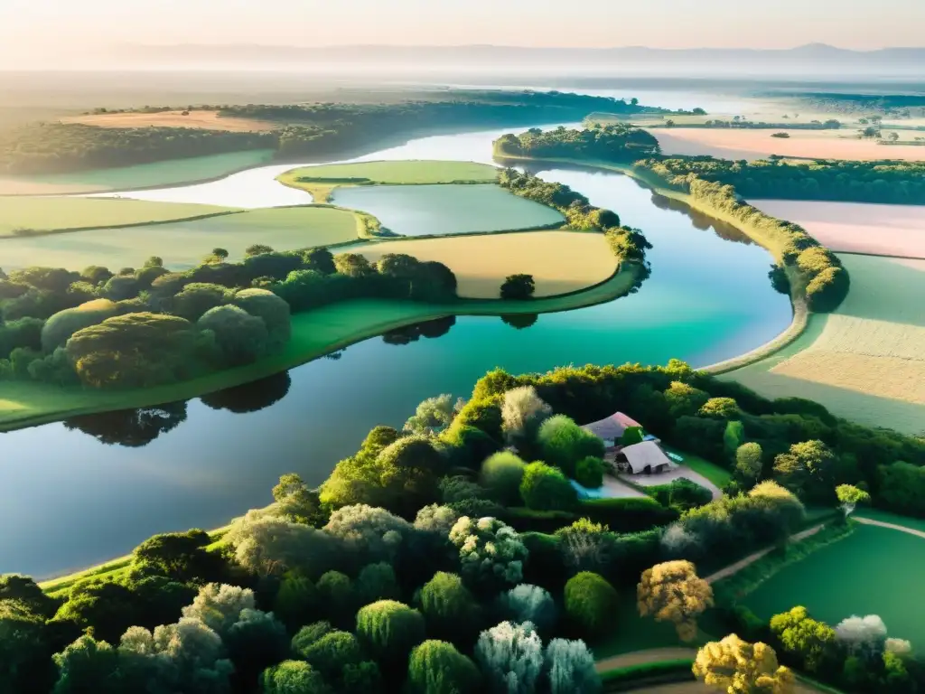 Vista panorámica del amanecer en Uruguay muestra rutas escénicas, un gaucho, río y casas rurales, reflejo del patrimonio cultural