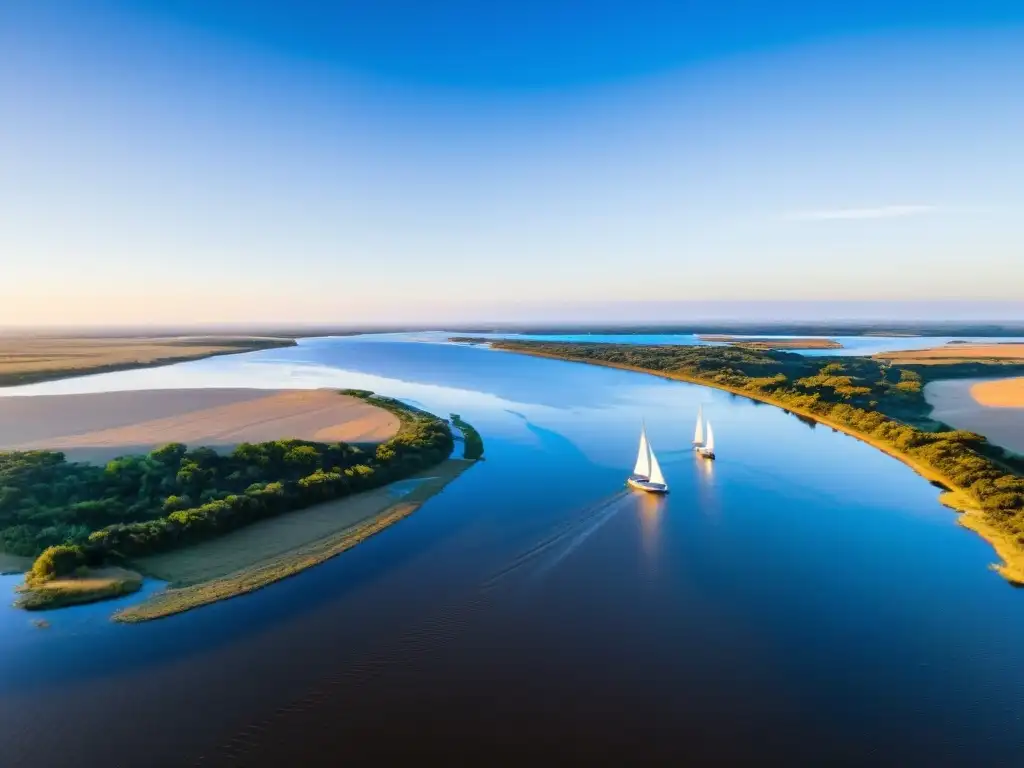 Vista panorámica de Rutas escénicas Uruguay patrimonio cultural: el Río Uruguay, barcos tradicionales y aves volando al atardecer