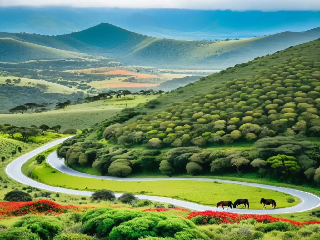 Vista panorámica de las rutas escénicas en el litoral uruguayo, entre Salto y Artigas, resaltando la belleza natural