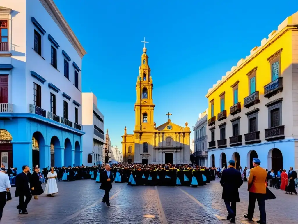 Vista panorámica de la tradición de Semana Santa en Uruguay, con figuras en trajes típicos y la histórica Iglesia Matriz iluminada por el atardecer