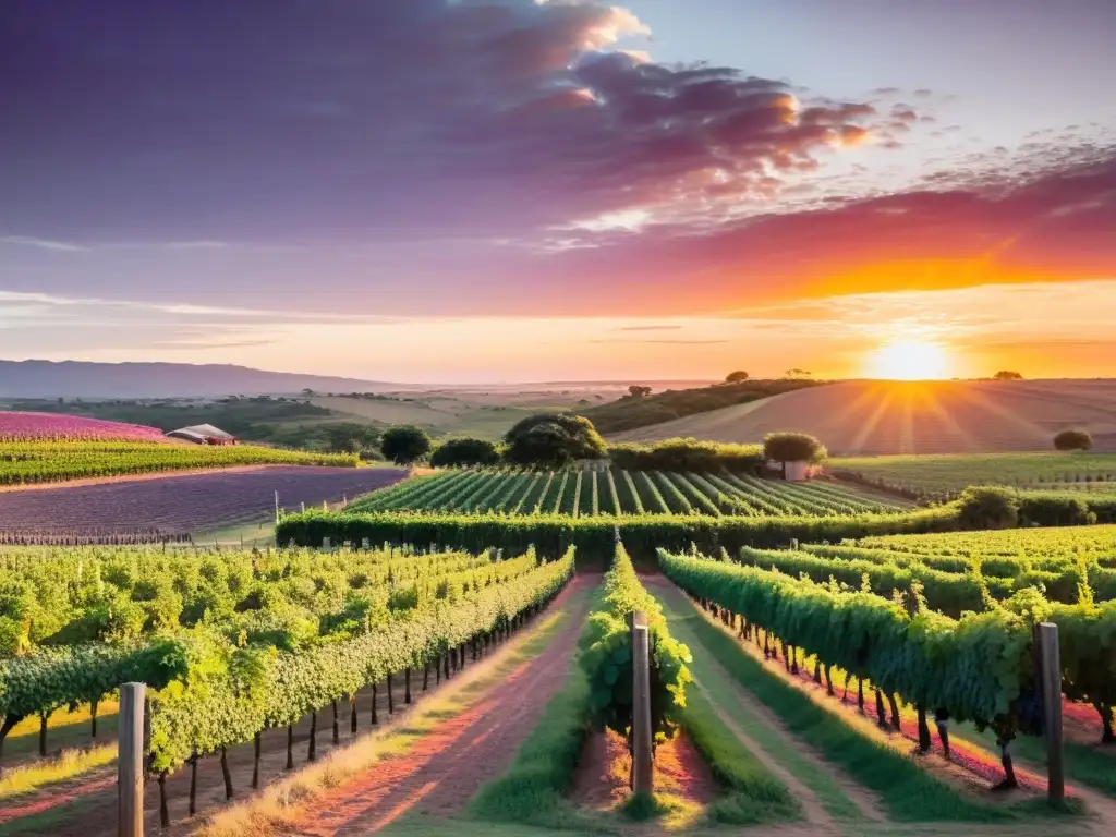 Vista panorámica de la serena 'Ruta del vino en Uruguay' al atardecer, viñedos frondosos, turistas disfrutando, y bodega colonial