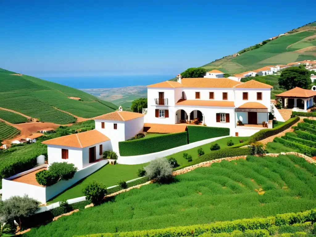 Vista panorámica de Villa Serrana Minas, con su arquitectura tradicional rústica contrastando con la serenidad de sus verdes colinas