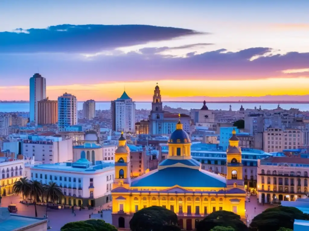 Vista panorámica del skyline de Montevideo al atardecer, con el icónico Palacio Salvo iluminado en oro y un vibrante festival de arte en primer plano, reflejando la esencia de los 'eventos artísticos Uruguay 2022'