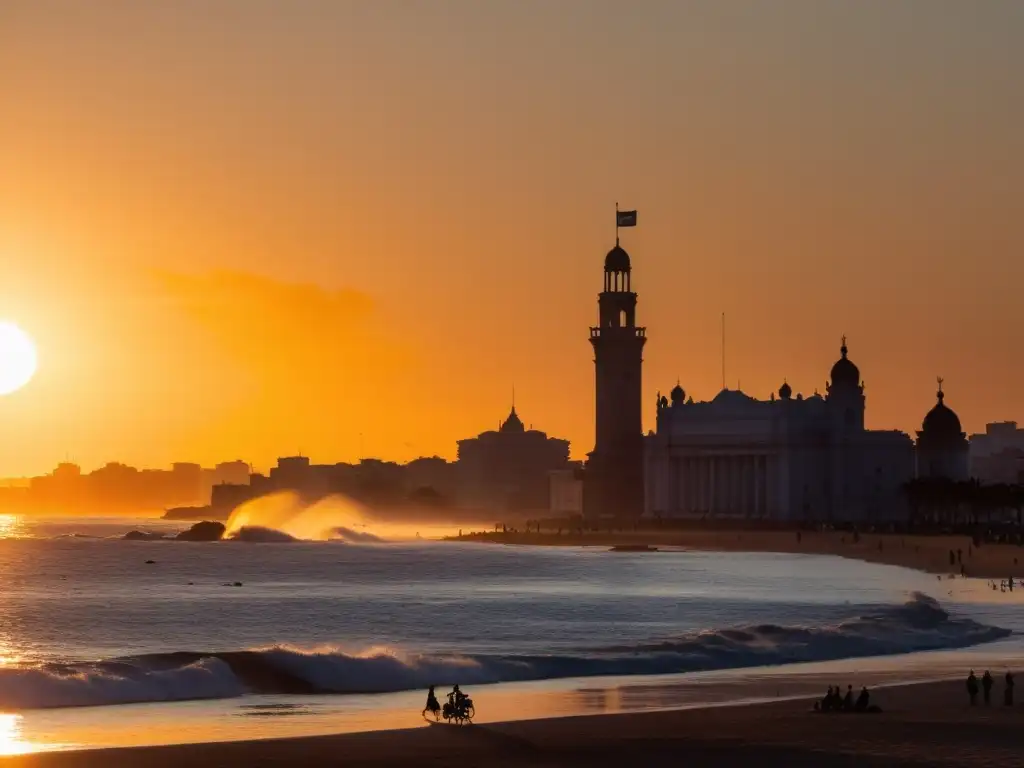 Vista panorámica del sol ocultándose en Montevideo, Uruguay, perfilando el Palacio Salvo, lugar oculto para un viaje fotográfico