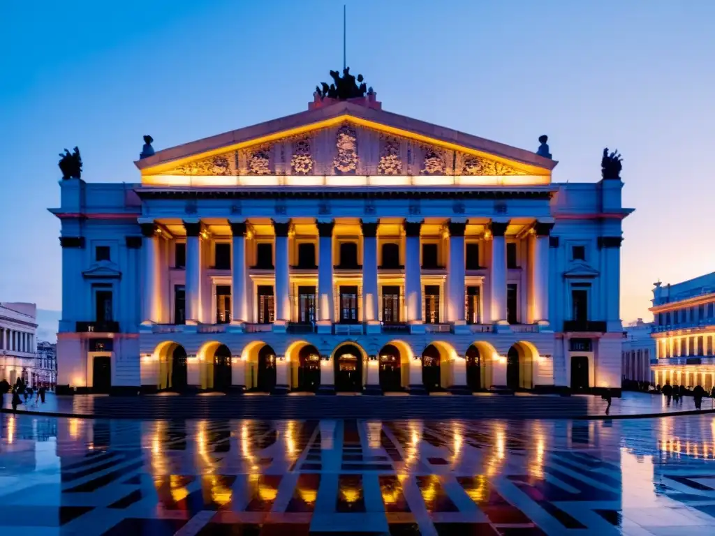 Vista panorámica del Teatro Solís, joya de los teatros históricos en Uruguay, brillando bajo la luz del atardecer