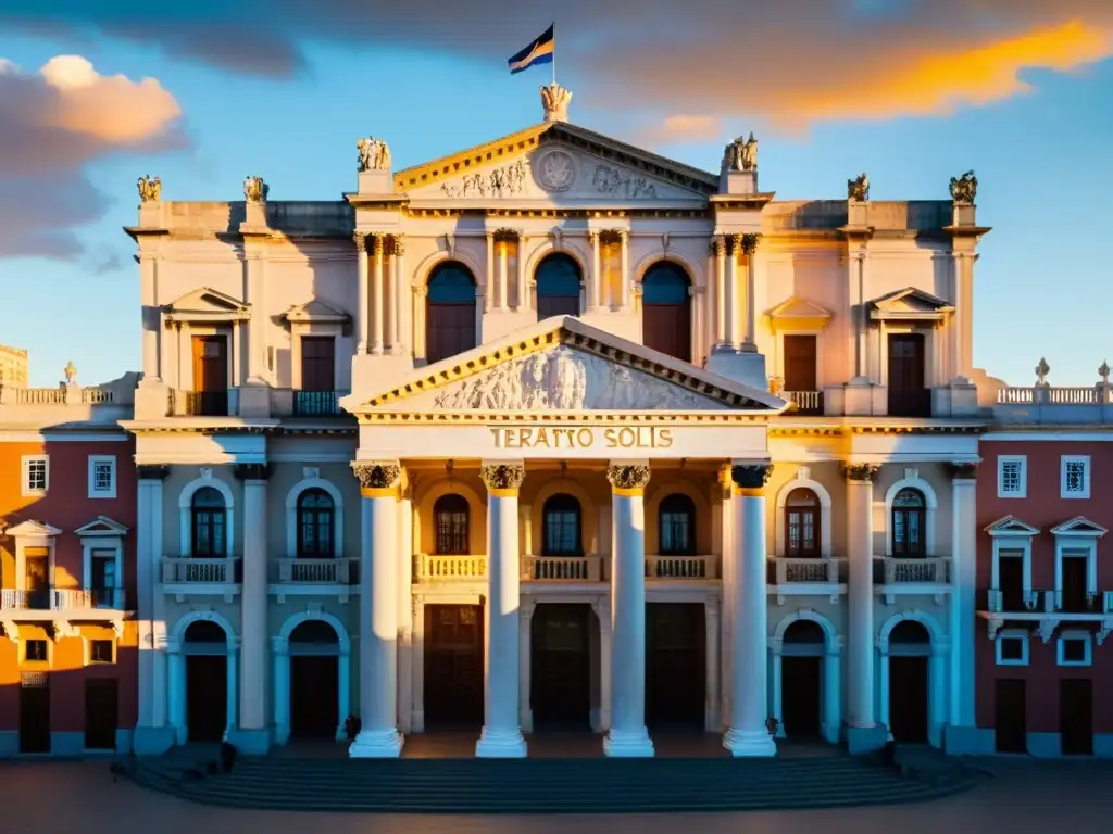 Vista panorámica del Teatro Solís, símbolo de los teatros históricos en Uruguay, resplandeciendo al atardecer entre la vibrante vida de Montevideo