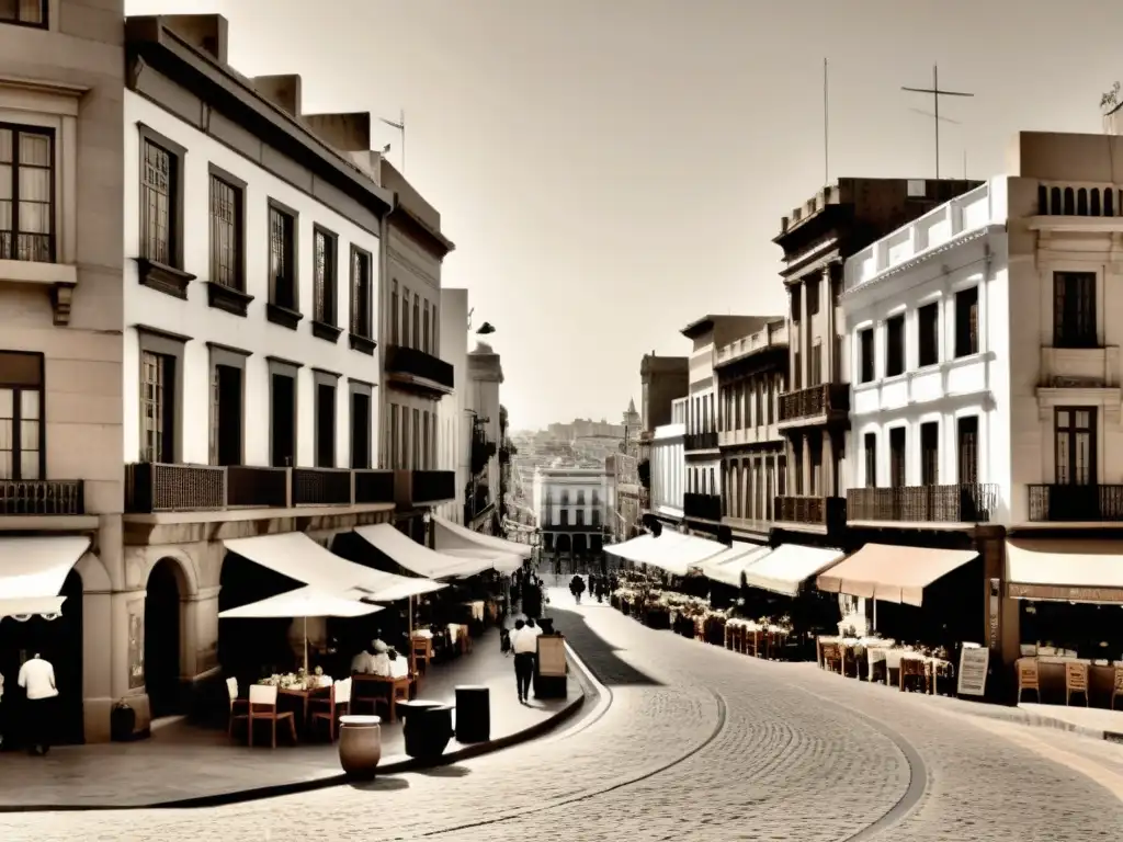 Vista panorámica en tonos sepia de Montevideo, con música candombe, danzas y herencia africana en la cultura uruguaya visible en cada rincón