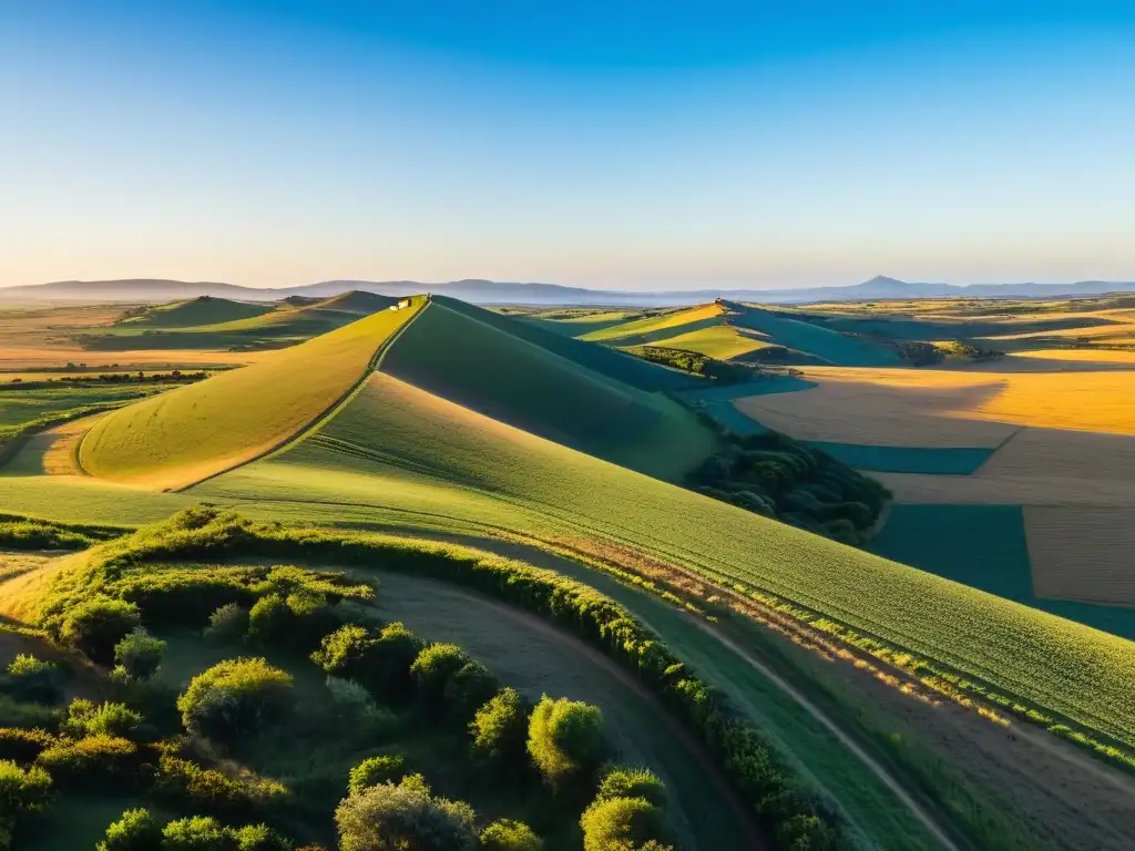 Vista panorámica y tranquila de la Ruta de los Molinos en Uruguay al atardecer, con molinos antiguos y ganado pastando