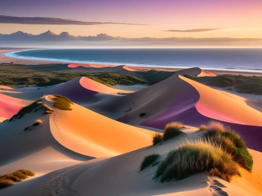 Vista panorámica de un tranquilo atardecer sobre el ecosistema de dunas de la costa uruguaya, donde el sol tiñe el cielo y el mar se funden en armonía