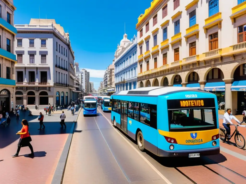 Vista panorámica de Montevideo, Uruguay, destacando un vibrante bus lleno de pasajeros, símbolo de transporte público económico en Uruguay