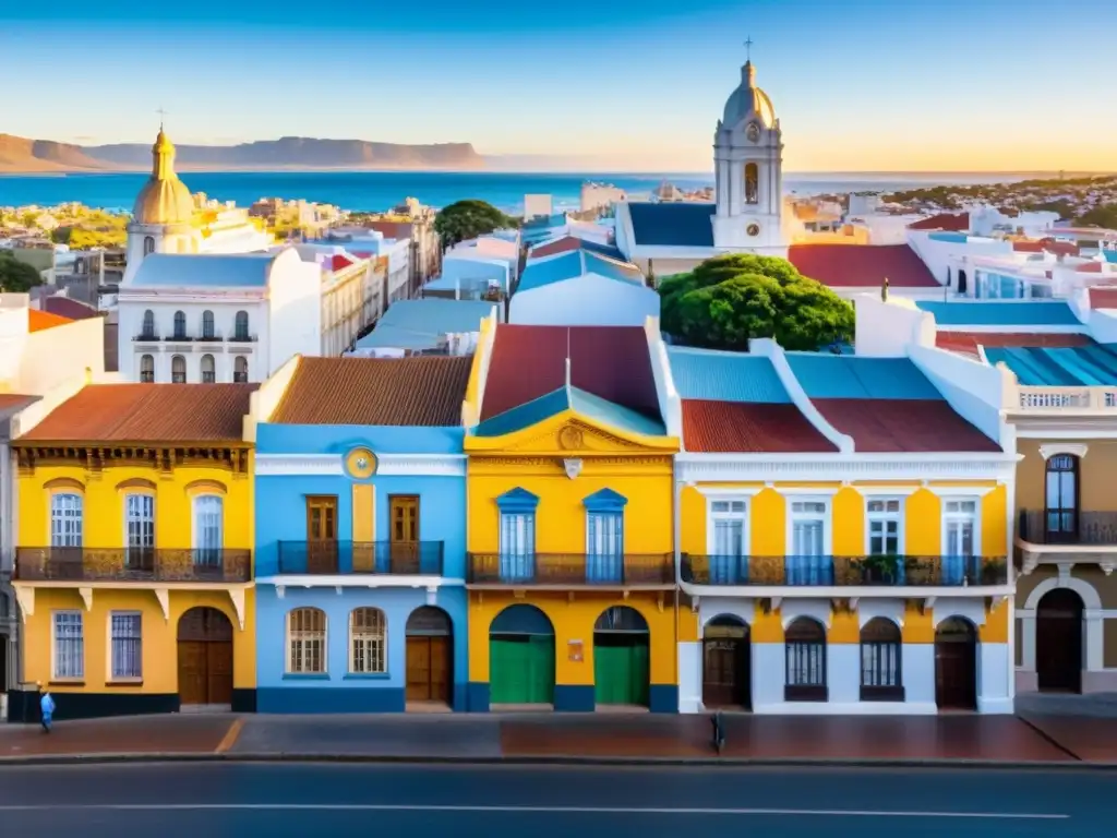 Vista panorámica vibrante de una calle uruguaya icónica, resplandeciendo con el dorado atardecer