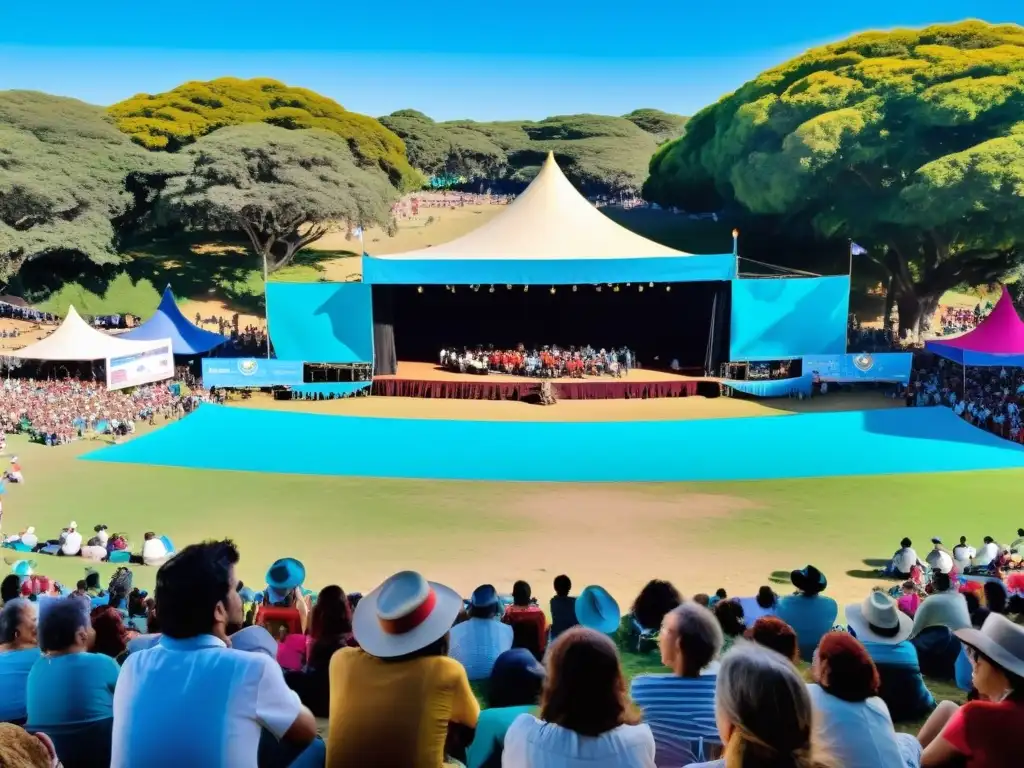 Vista panorámica del vibrante festival de teatro independiente Uruguay, con escenarios improvisados, actores enérgicos y espectadores cautivados bajo un cielo azul brillante