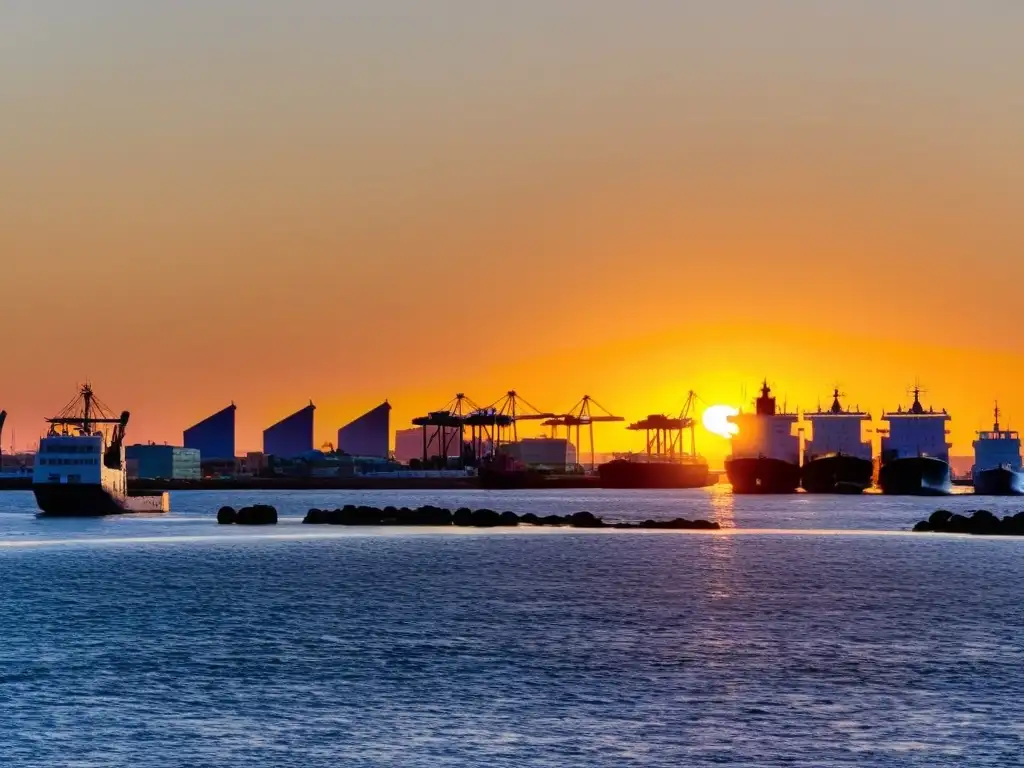 Vista panorámica del vibrante Puerto de Montevideo, reflejo del vital transporte acuático en Uruguay al atardecer