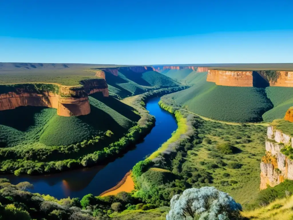 Vista panorámica vibrante de Quebrada de los Cuervos en Uruguay, destacando los acantilados rugosos, el río serpenteante y la flora nativa