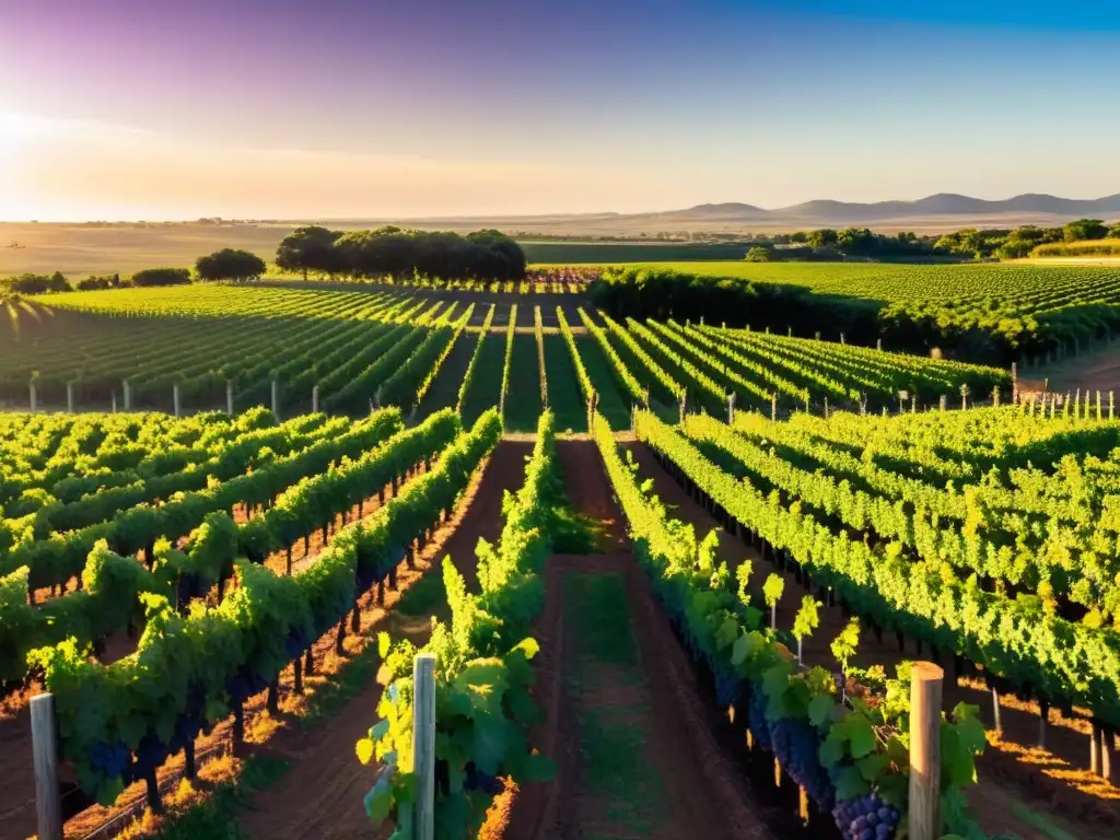 Vista panorámica de un vibrante viñedo en Uruguay, iluminado por el sol de la tarde, lleno de uvas Tannat maduras y trabajadores recolectando