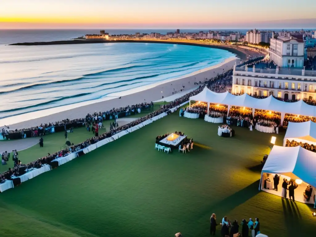 Vista panorámica de los vibrantes Eventos de moda Uruguay 2022, mujeres elegantes disfrutan del atardecer en Montevideo, en medio de risas y champán