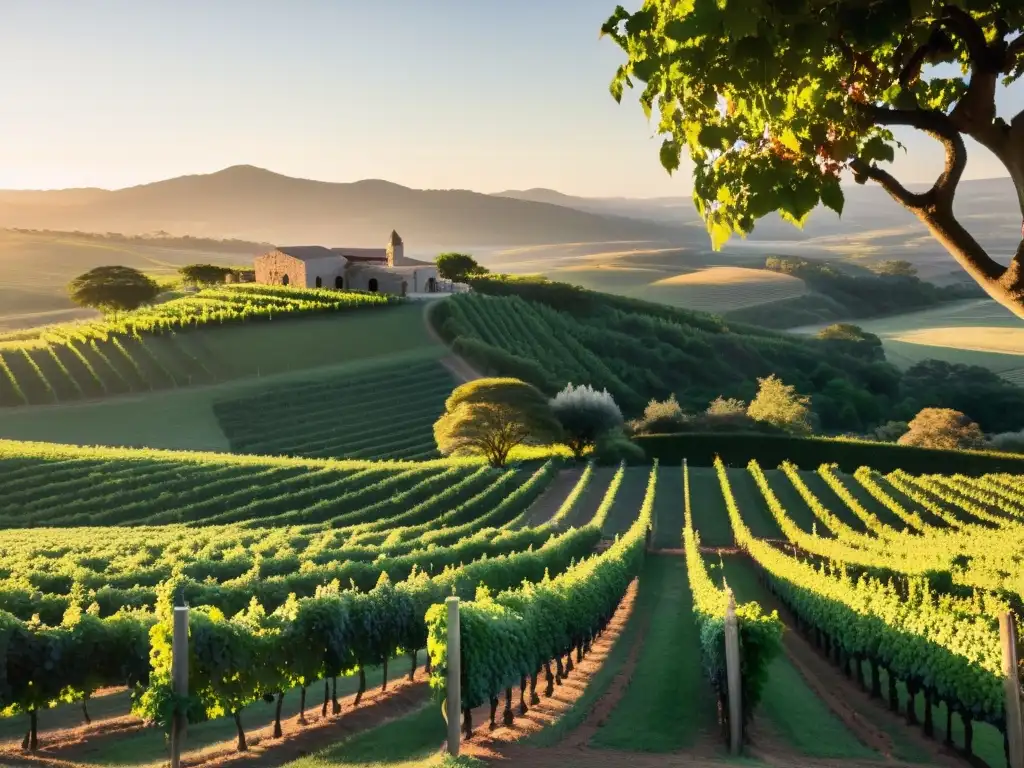 Vista panorámica de una histórica viña en la Ruta del Vino Uruguay, bajo un atardecer dorado y trabajadores cuidando las vides