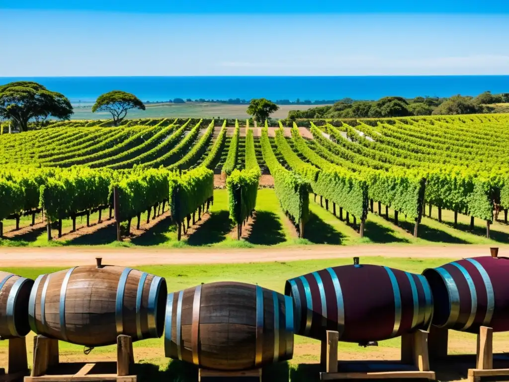 Vista panorámica de un viñedo bañado de sol en Uruguay, donde la cultura del vino se entrelaza con la tradición gaucha