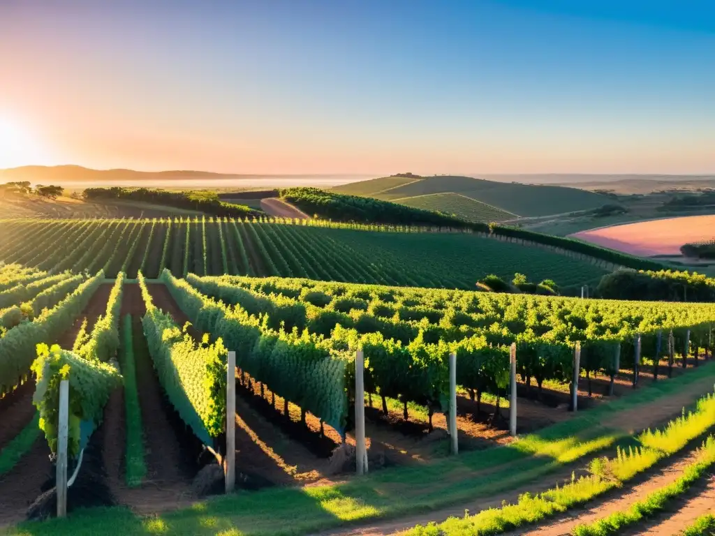 Vista panorámica de un viñedo uruguayo al atardecer, lleno de uvas maduras, con la 'Tradición vitivinícola en Uruguay' grabada en un barril cercano