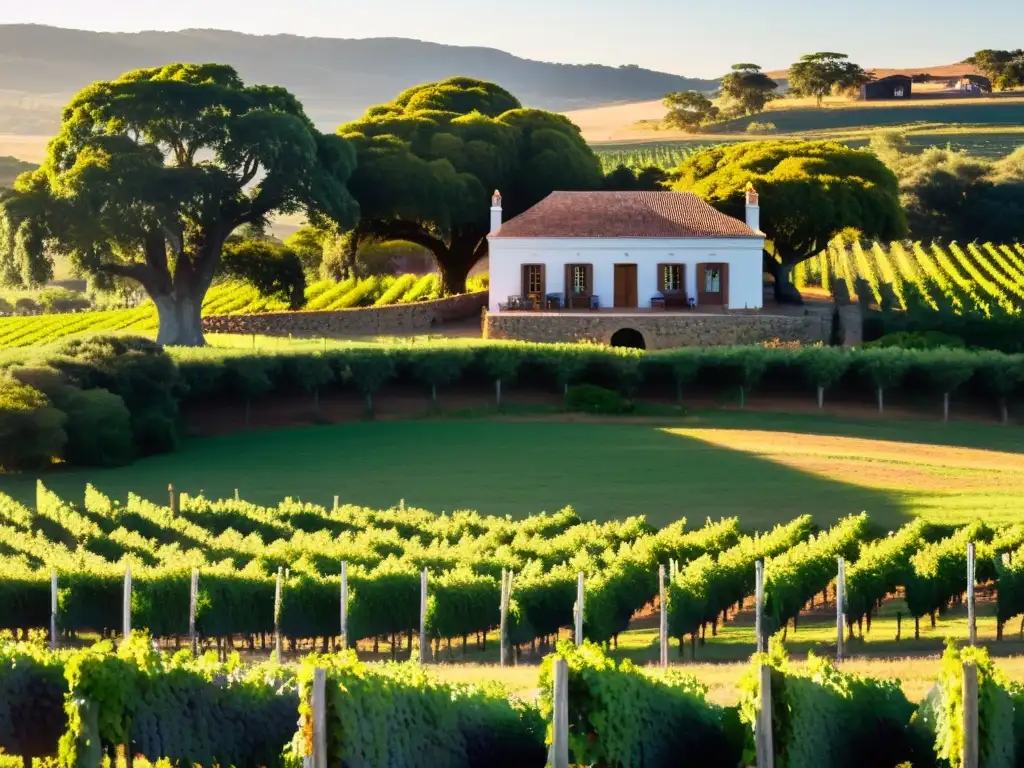 Vista panorámica de un viñedo uruguayo al atardecer, agricultor inspeccionando uvas y gastronomía tradicional uruguaya en la mesa