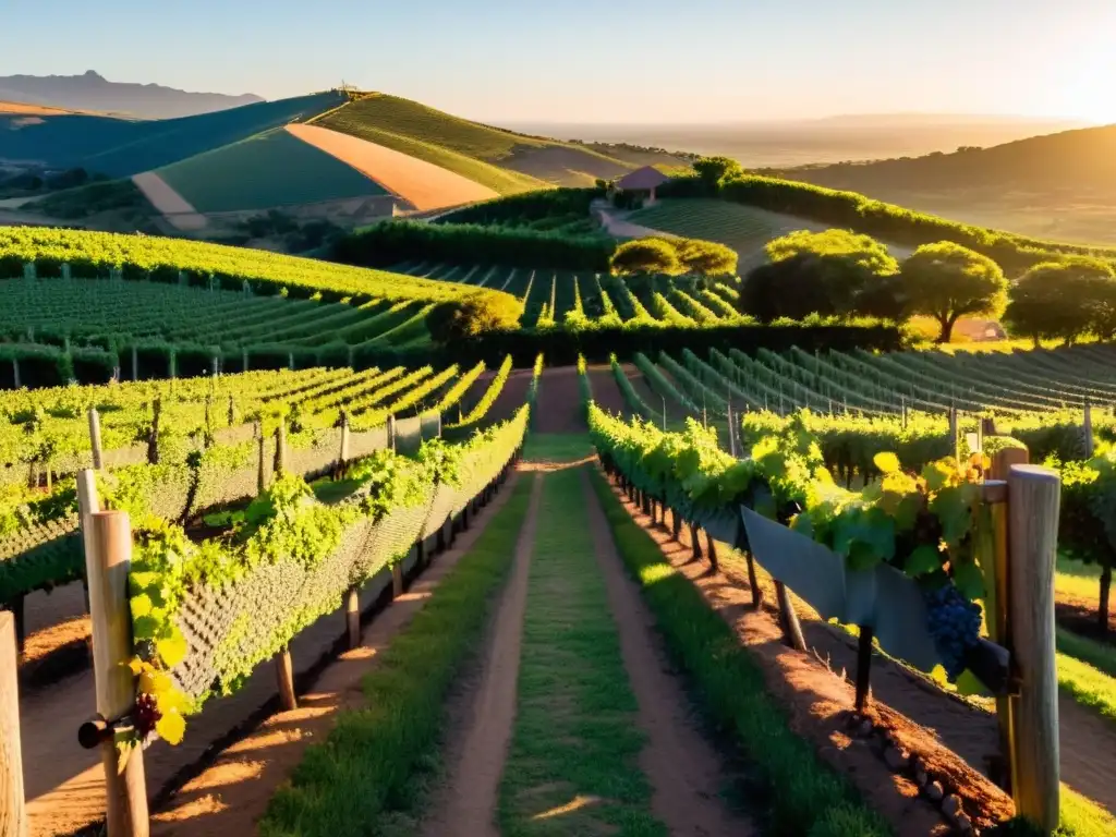 Vista panorámica de viñedos uruguayos al atardecer, maridaje gastronomía vinos uruguayos en mesa rústica, listos para la cosecha