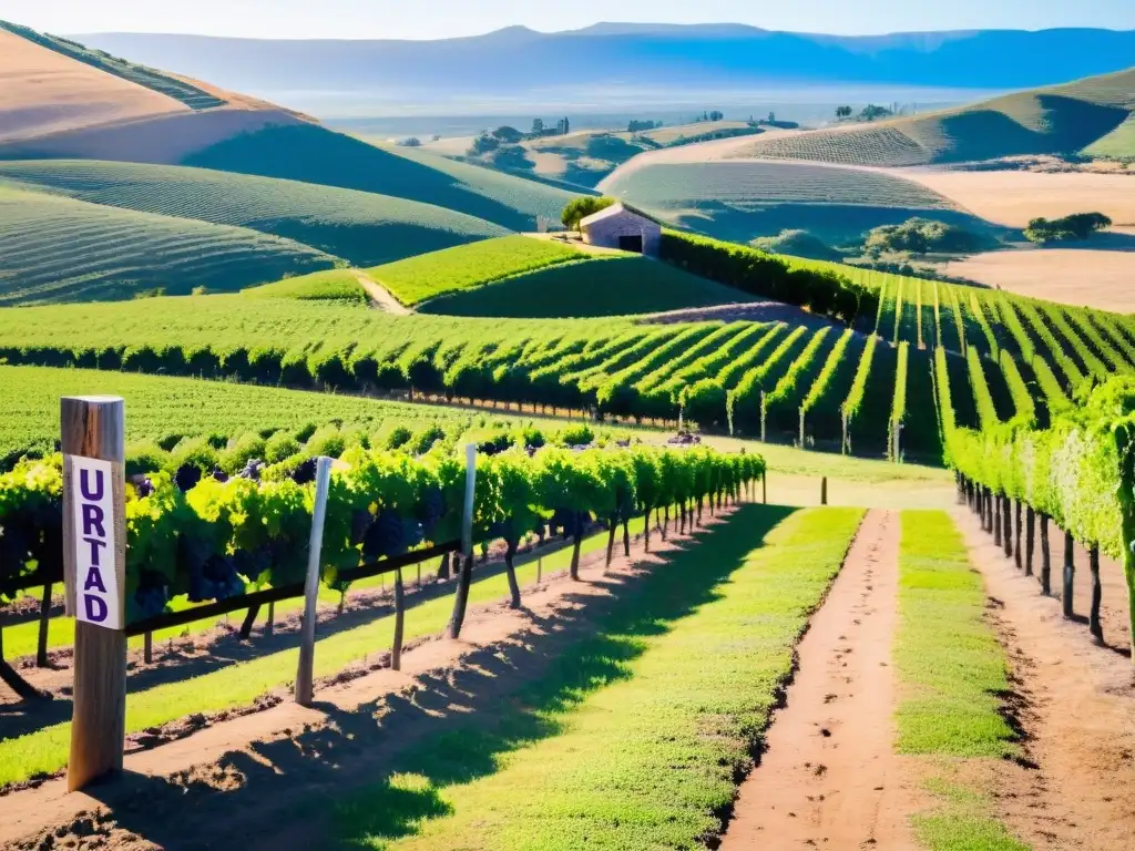 Vista pintoresca de la Ruta del Vino en Uruguay, belleza cultural en un viñedo soleado con uvas maduras y un agricultor trabajando