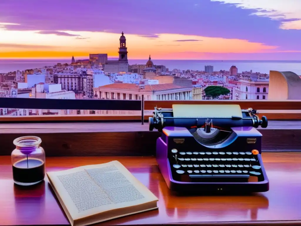 Vista del skyline de Montevideo al anochecer, con autores de literatura uruguaya destacados en fotos, en un antiguo escritorio lleno de historia