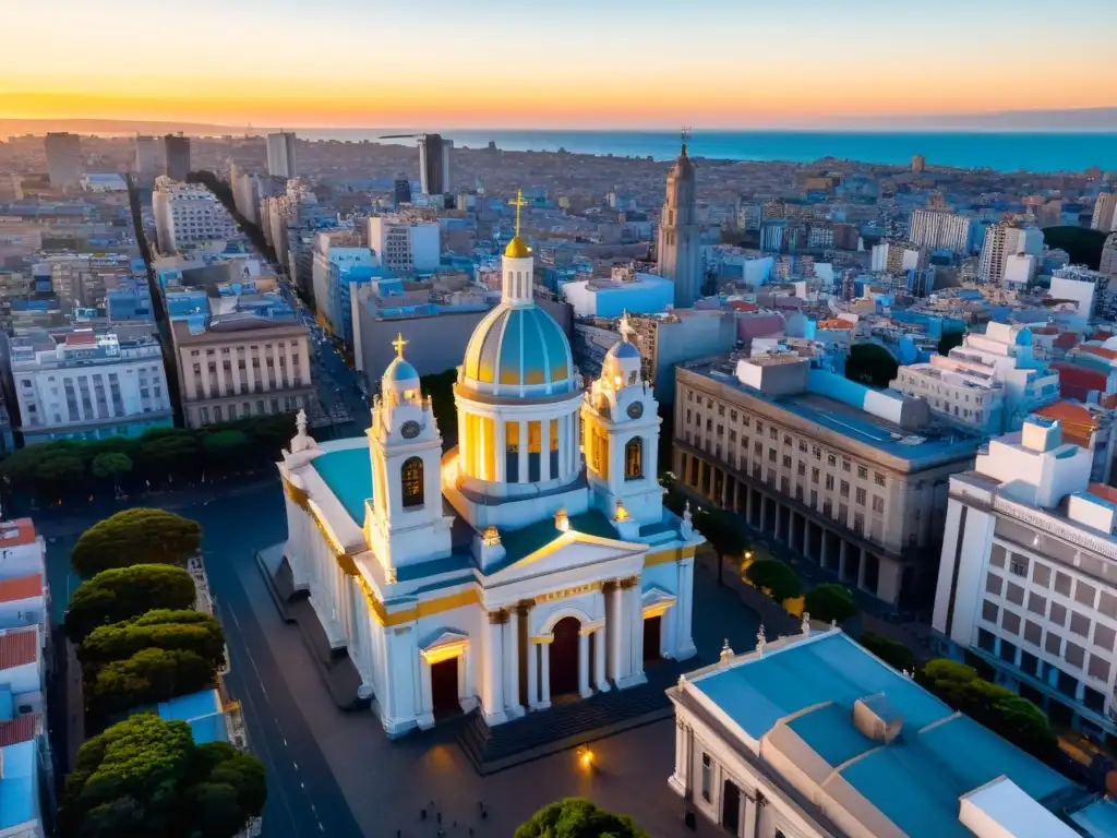 Vista aérea sobrecogedora de una de las Catedrales más antiguas de Uruguay, la Metropolitana de Montevideo, presidiendo la ciudad al atardecer