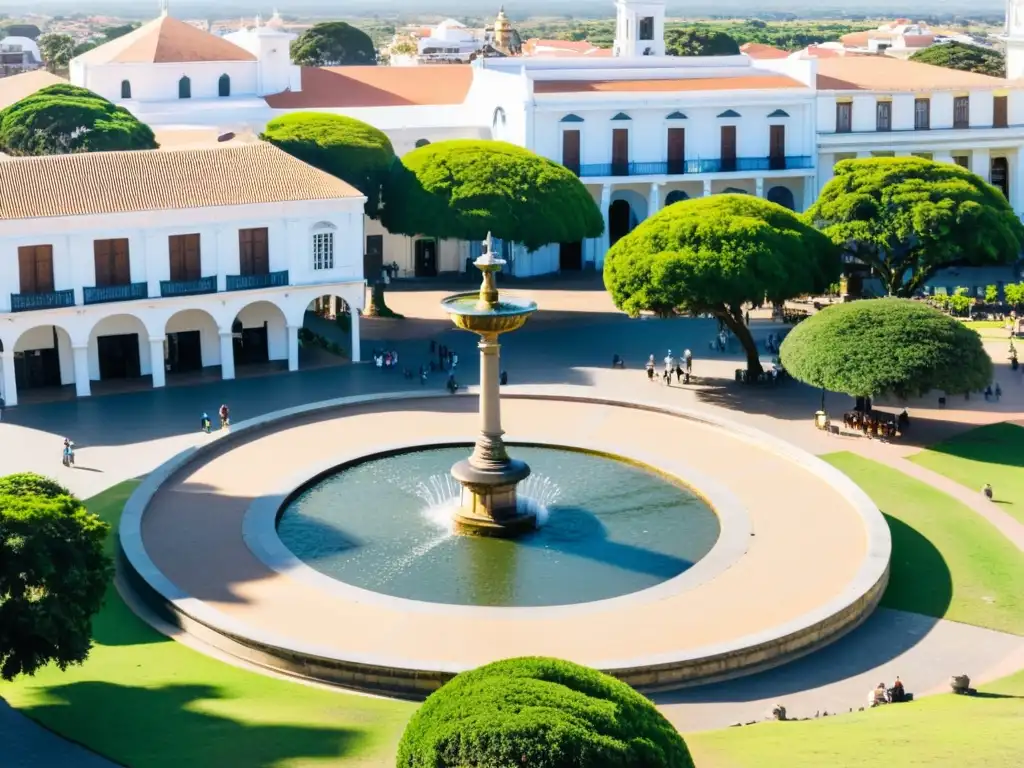 Vista soleada de la plaza central de Paysandú, Uruguay, vibrante de vida e historia y arquitectura de Paysandú, con una fuente de hierro forjado y vegetación tropical en primer plano, flanqueada por edificios históricos y la majestuosa Basílica de Nuestra Señ