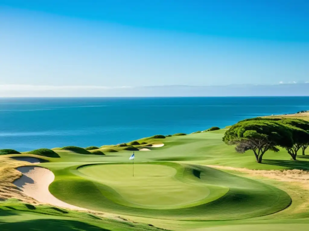 Vista soleada de un prestigioso campo de golf en Uruguay, con jugadores concentrados en sus estrategias y un poderoso swing en acción