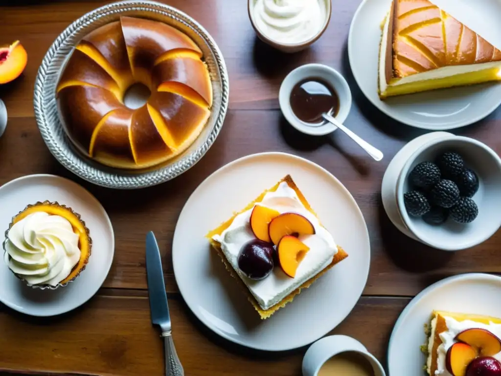 Vista superior de una mesa rústica con deliciosos postres uruguayos tradicionales, destacando el Chajá, bajo una luz acogedora