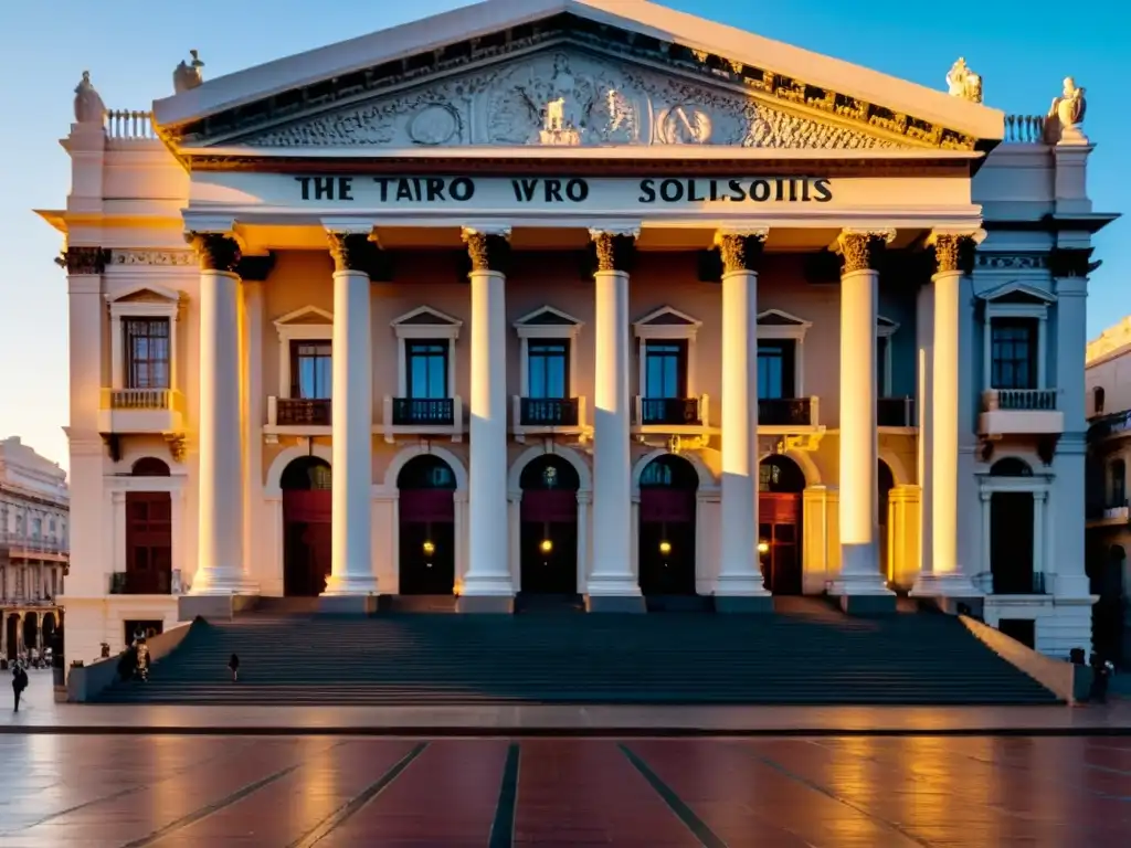 Vista del Teatro Solís en Montevideo al atardecer, resaltando su arquitectura neoclásica y la vibrante cultura y arte local