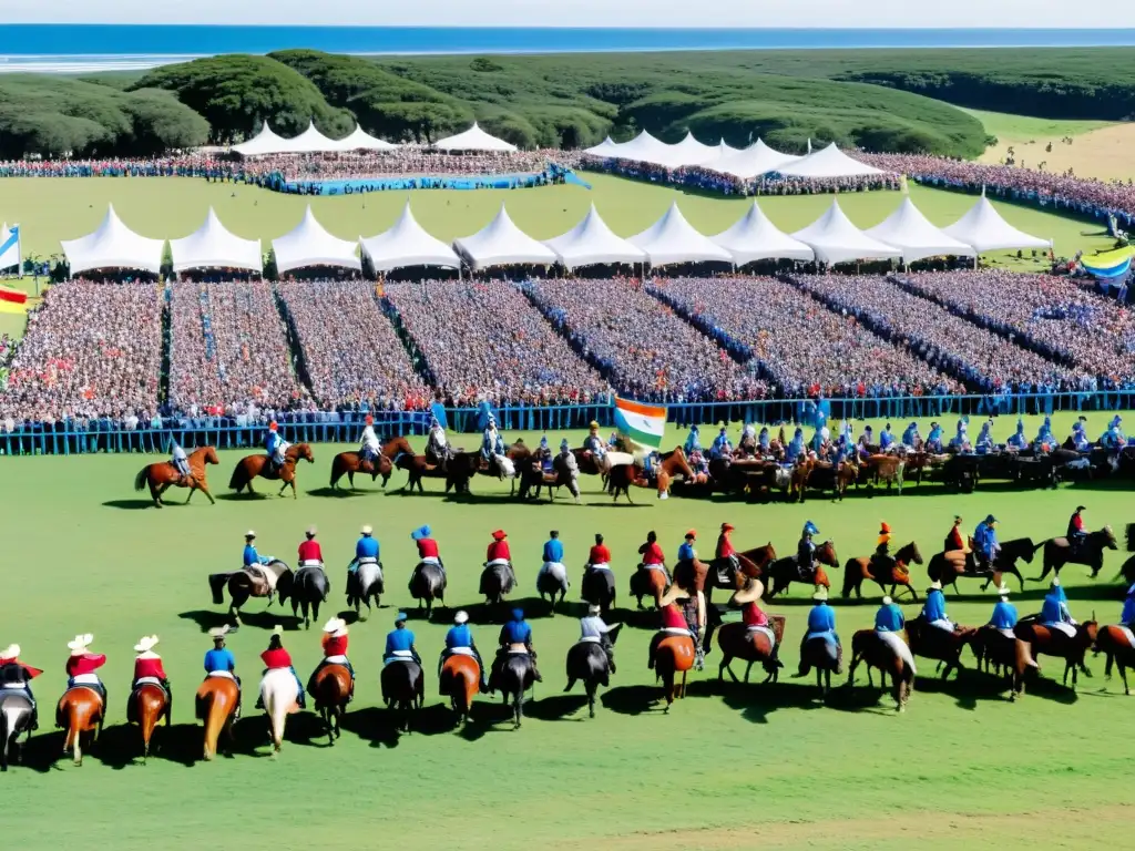 Vista vibrante de la Fiesta de la Patria Gaucha Uruguay, con gauchos en pleno festejo, bandera ondeante y el dorado atardecer