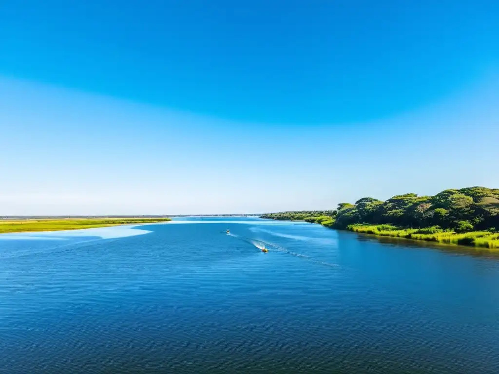 Vista vibrante del Río Uruguay, con gente disfrutando deportes acuáticos en Uruguay bajo un cielo despejado