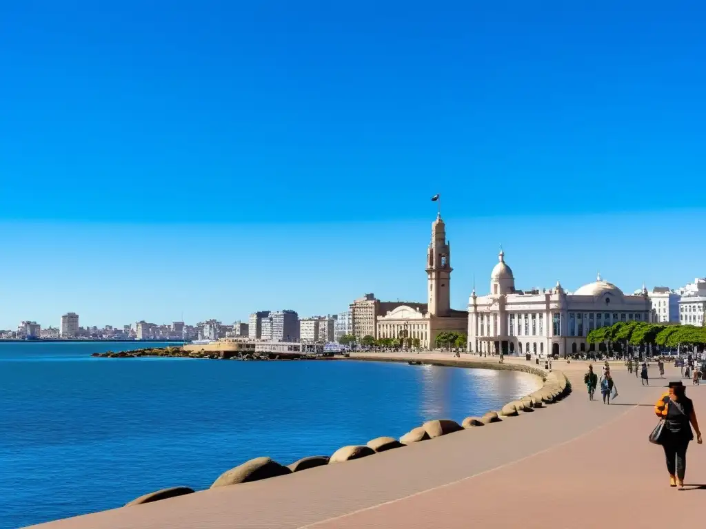 Vista vibrante de Montevideo, con turistas en la Rambla y el Palacio Salvo destacándose entre las atracciones económicas de Uruguay