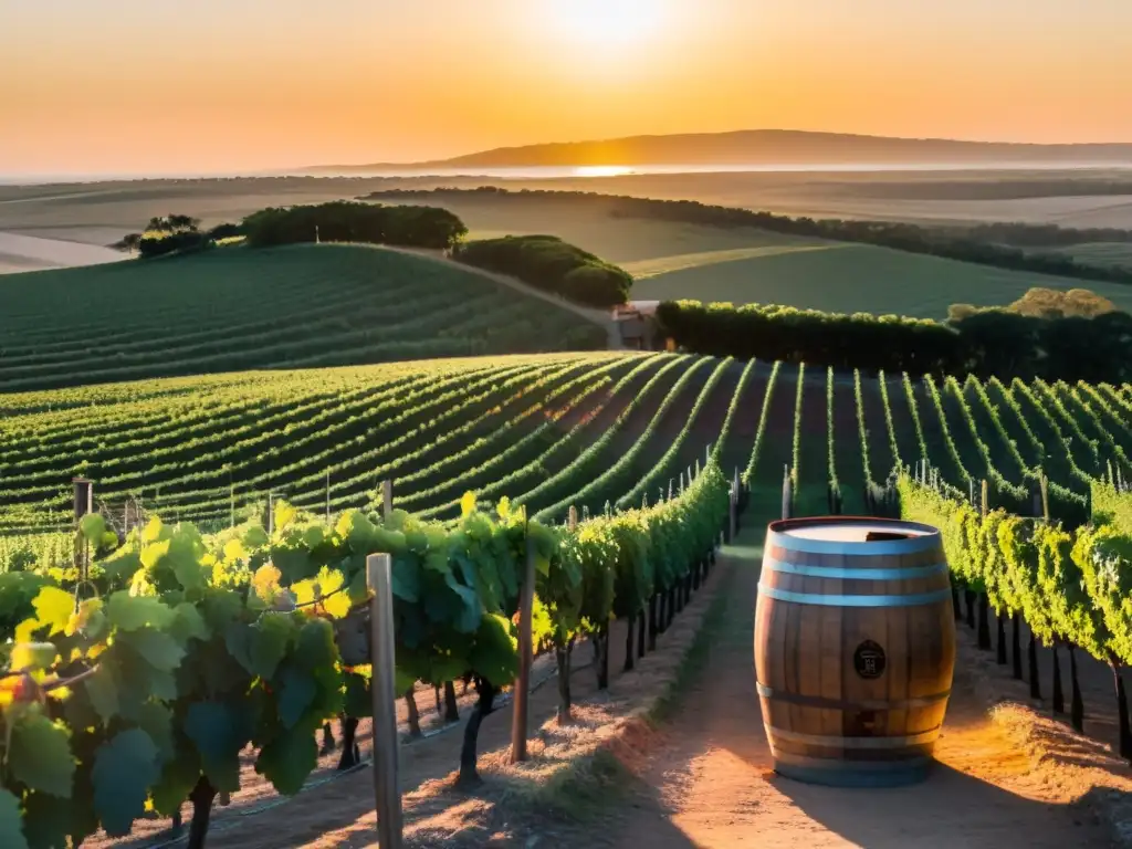 Vista de un viñedo en Uruguay al atardecer con barril y vino tinto, señalando los mejores tours de vino en Uruguay en un mapa rústico