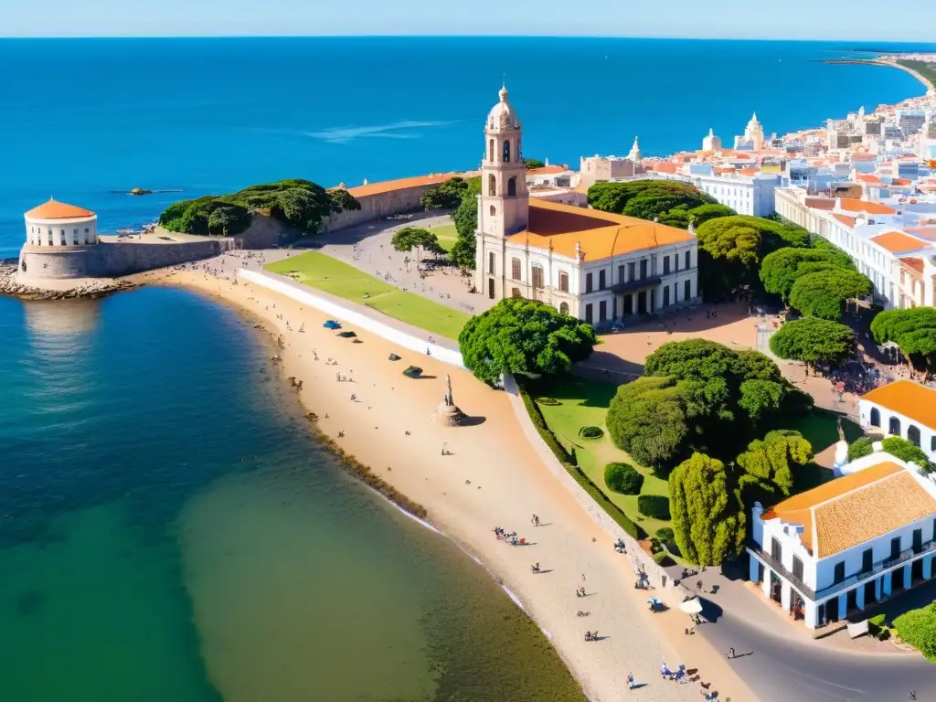 Vistazo panorámico de Uruguay, con Palacio Salvo, calles de Colonia y playas de Punta del Este