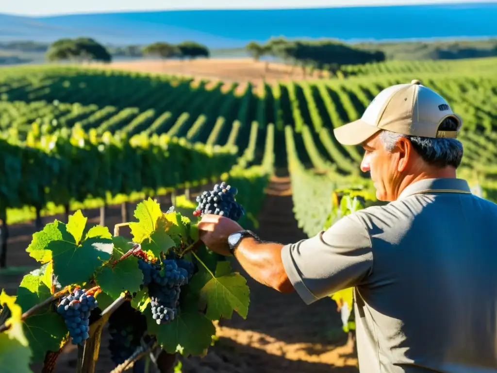 Viticultor inspeccionando uvas Tannat en las soleadas viñas de Uruguay, reflejando las tranquilas y laboriosas experiencias vitivinícolas en Uruguay