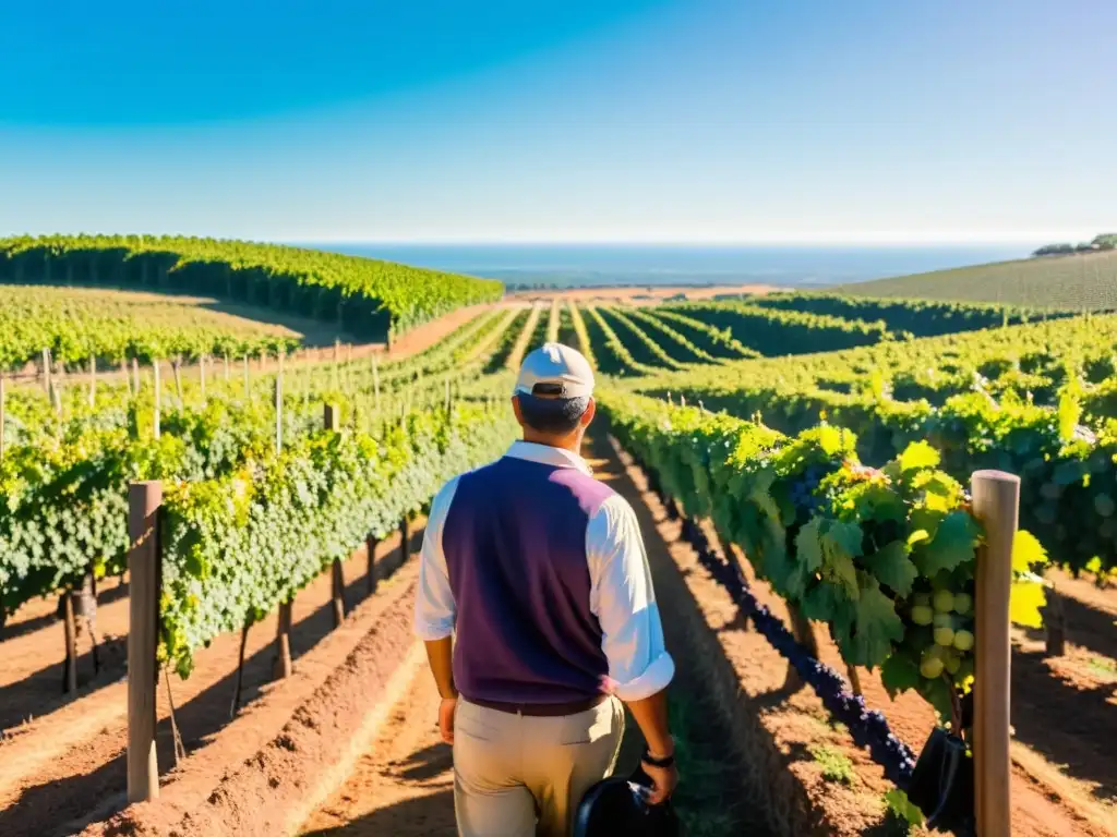 Viticultura uruguaya: guía completa, ilustrada en la tranquila vista de un trabajador en un viñedo soleado lleno de uvas maduras